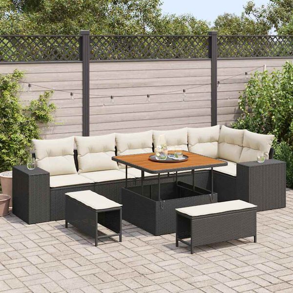vidaXL Conjunto de Sof&aacute; de Jardim 9 pcs Preto e Creme vime PE