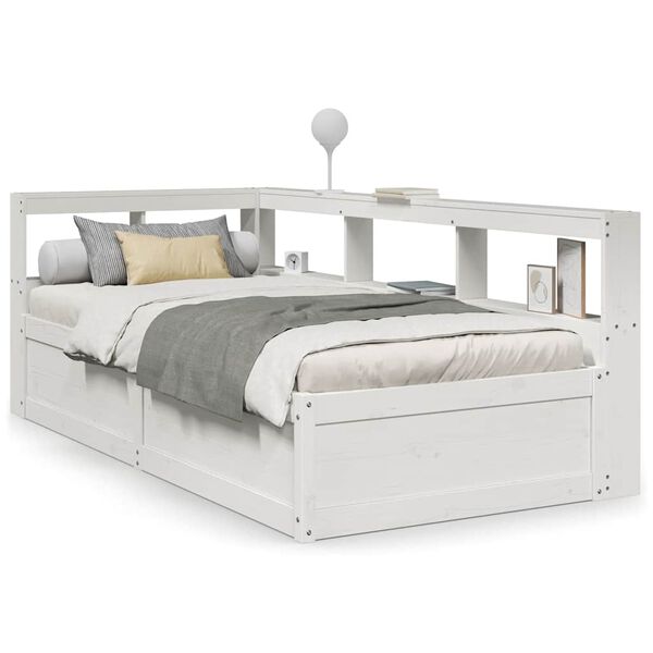 vidaXL Cama com estante sem colch&atilde;o 90x190 cm pinho maci&ccedil;o branco
