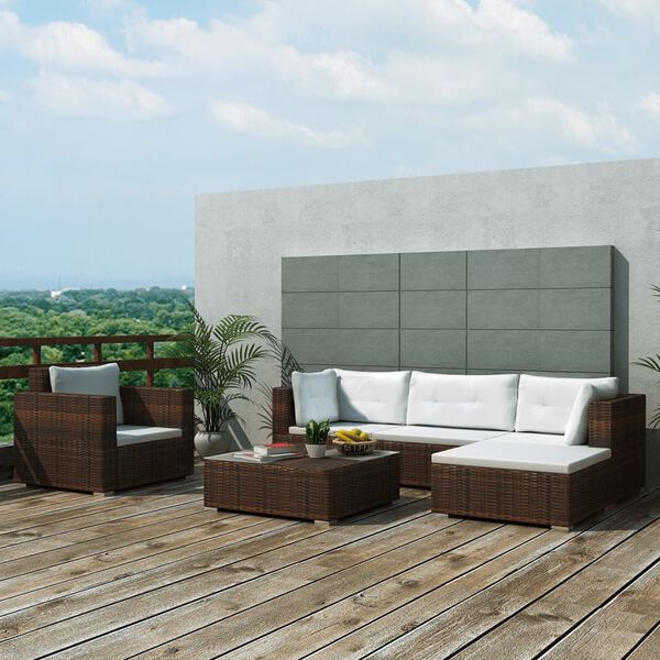 vidaXL 6 pcs conjunto lounge jardim c/ almofad&otilde;es vime PE castanho