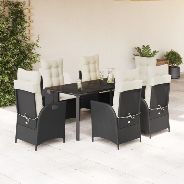 vidaXL 7 pcs conjunto de jantar p/ jardim c/ almofad&otilde;es vime PE preto