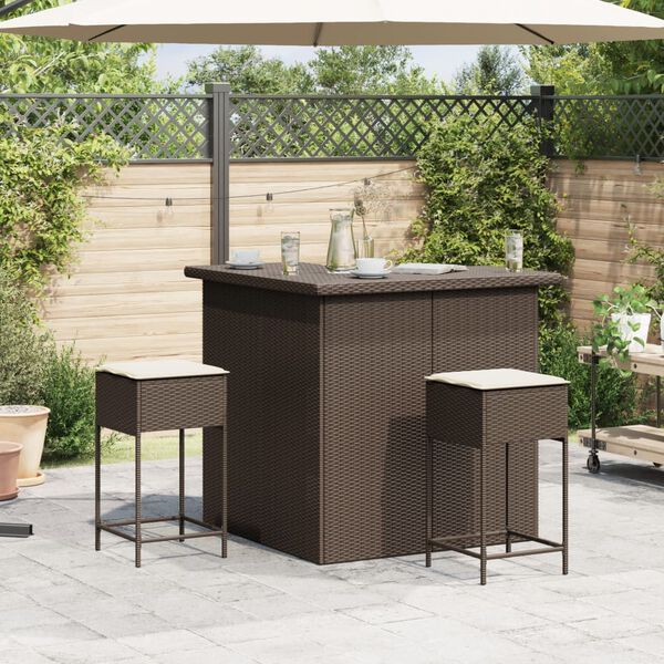 vidaXL 3 pcs conjunto de bar p/ jardim com almofad&otilde;es vime PE castanho