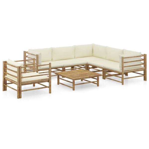 vidaXL 7 pcs conj. lounge p/ jardim em bambu c/ almofadões branco nata