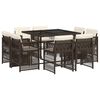 vidaXL 9 pcs conjunto jantar p/ jardim c/ almofad&otilde;es vime PE castanho
