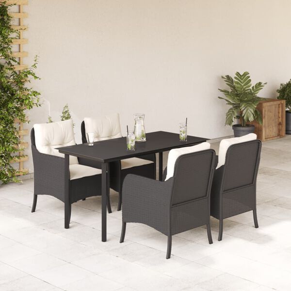 vidaXL 5 pcs conjunto de jantar p/ jardim c/ almofad&otilde;es vime PE preto