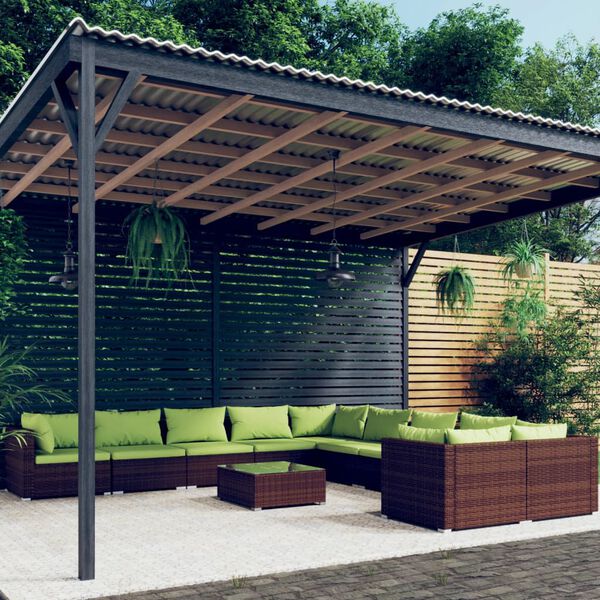 vidaXL 11 pcs conjunto lounge jardim c/ almofad&otilde;es vime PE castanho
