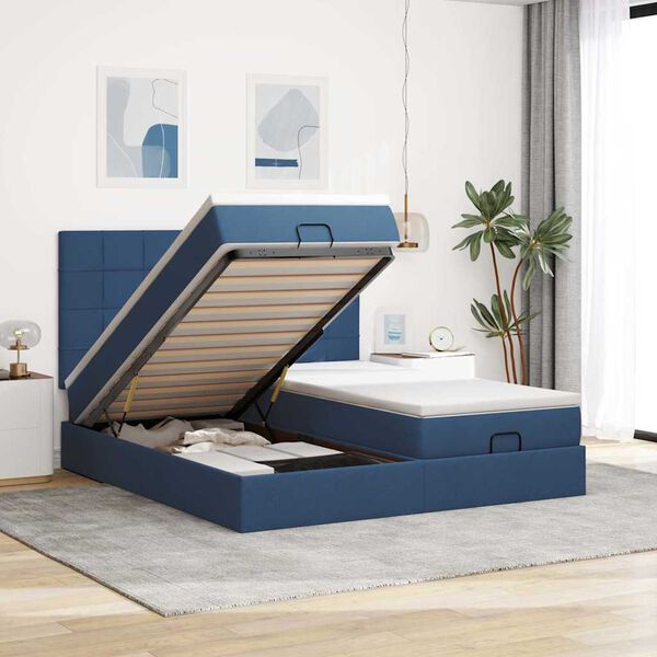 vidaXL Estrutura de cama otomana com colch&otilde;es 160x200cm tecido azul