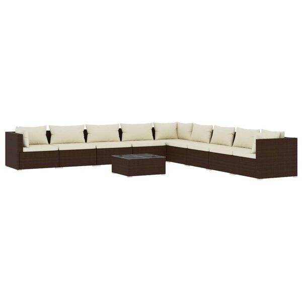 vidaXL 10 pcs conjunto lounge jardim c/ almofad&otilde;es vime PE castanho