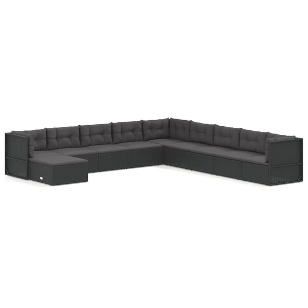 vidaXL 10 pcs conjunto lounge de jardim c/ almofad&otilde;es vime PE preto