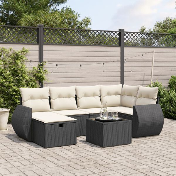 vidaXL 7 pcs conjunto de sof&aacute;s p/ jardim c/ almofad&otilde;es vime PE preto
