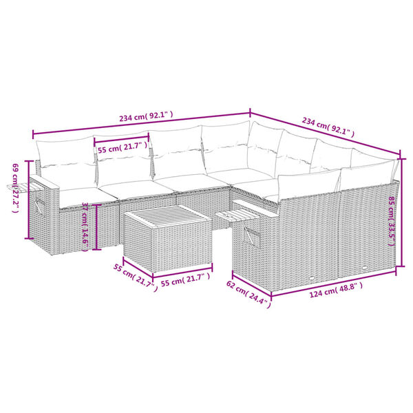 vidaXL 9 pcs conjunto de sofás p/ jardim c/ almofadões vime PE preto