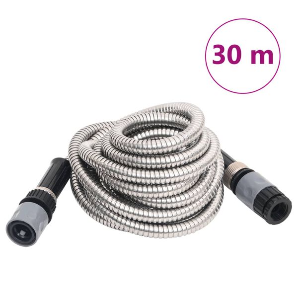 vidaXL Mangueira jardim c/ pulverizador 0,6" 30 m a&ccedil;o inox. prateado