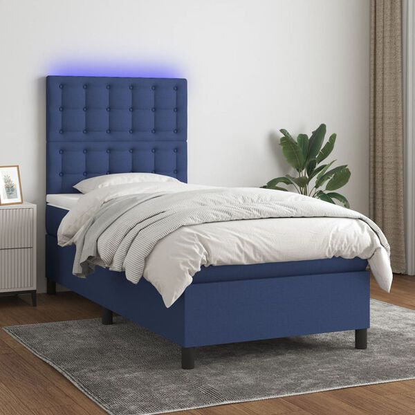 vidaXL Cama box spring c/ colch&atilde;o e LED 90x200 cm tecido azul