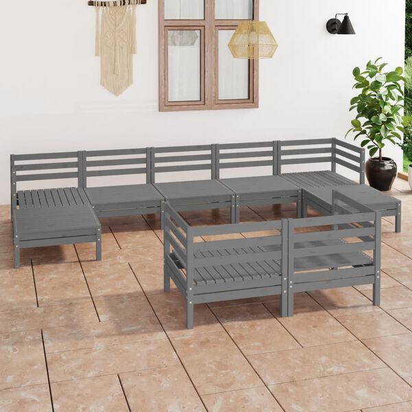 vidaXL 9 pcs conjunto lounge de jardim pinho maci&ccedil;o cinzento