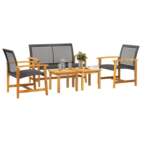 vidaXL 5 pcs conj. lounge para jardim vime PE e madeira acácia preto