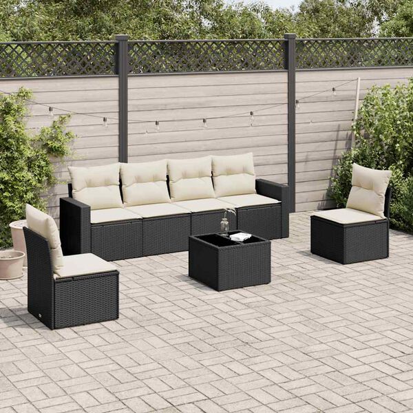 vidaXL 7 pcs conjunto de sof&aacute;s p/ jardim c/ almofad&otilde;es vime PE preto