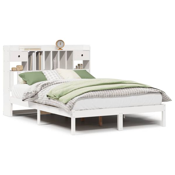 vidaXL Cama com estante sem colch&atilde;o 140x200 cm pinho maci&ccedil;o branco