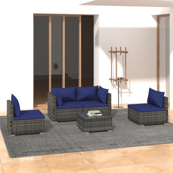 vidaXL 5 pcs conjunto lounge de jardim c/ almofadões vime PE cinzento