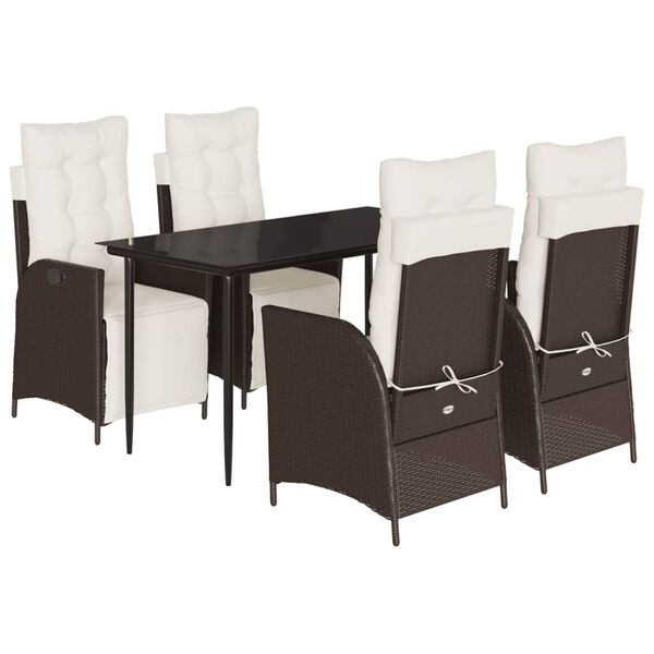 vidaXL 5 pcs conjunto jantar p/ jardim c/ almofad&otilde;es vime PE castanho