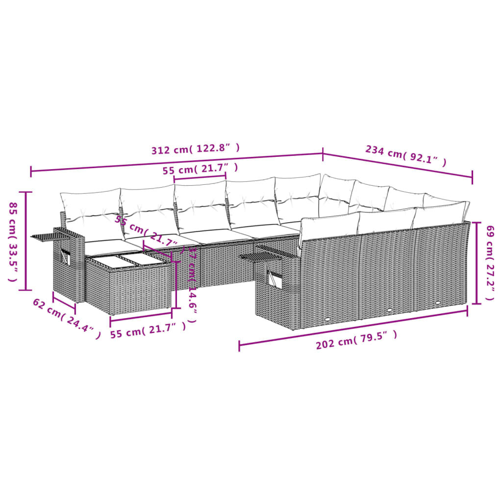 vidaXL 11 pcs conjunto sofás de jardim c/ almofadões vime PE cinzento