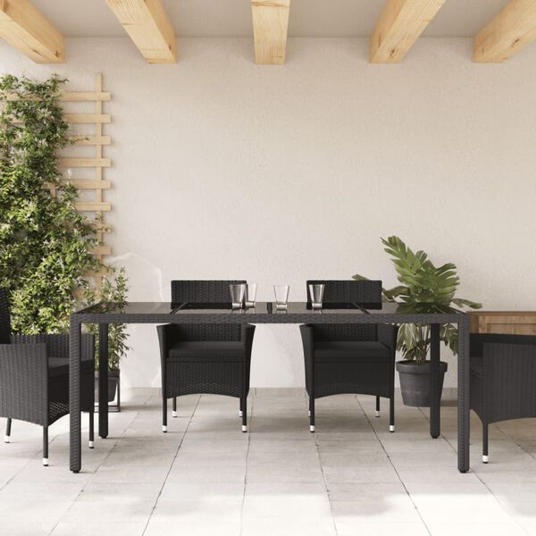 vidaXL Mesa de jardim com tampo de vidro 190x90x75 cm vime PE preto