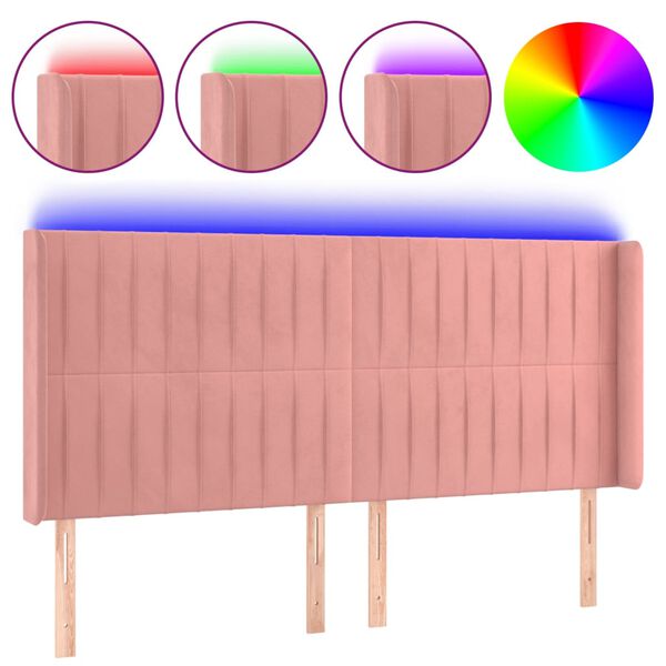 vidaXL Cabeceira de cama c/ luzes LED veludo 203x16x118/128 cm rosa