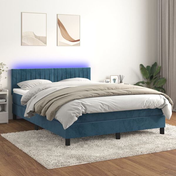 vidaXL Cama box spring c/ colch&atilde;o/LED 140x200 cm veludo azul-escuro