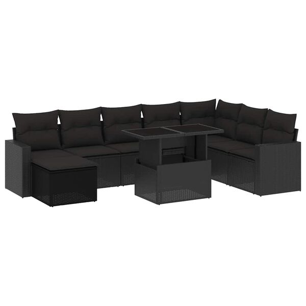 vidaXL 9 pcs conjunto de sof&aacute;s p/ jardim c/ almofad&otilde;es vime PE preto