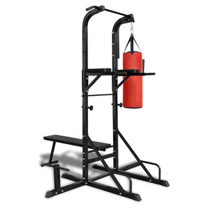 Aparelho exerc&iacute;cio com paralelas, banco reto e saco de boxe