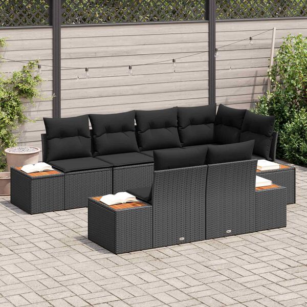 vidaXL Conjunto de Sof&aacute; de Jardim com almofada 7 pcs Preto Polirattan