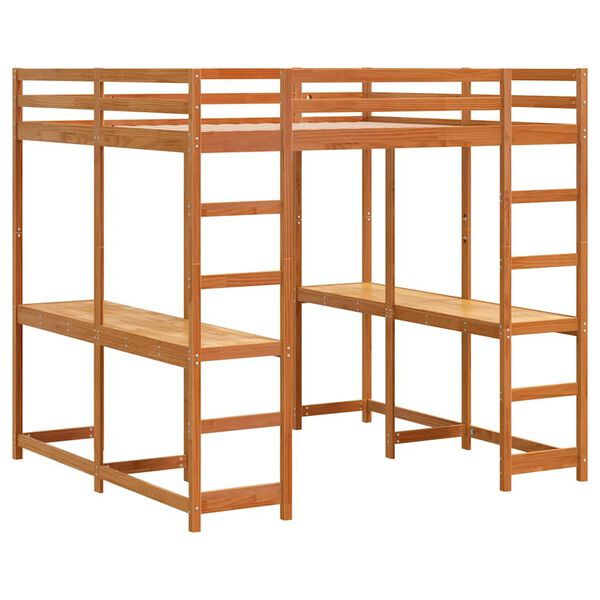 vidaXL Cama alta com secret&aacute;ria e escada pinho maci&ccedil;o castanho-mel