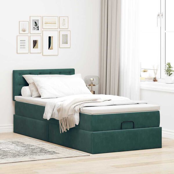 vidaXL Cama otomana com colch&atilde;o & LEDs 90x200cm veludo verde-escuro