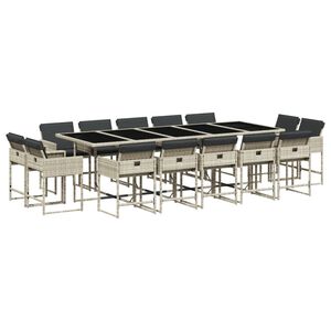 vidaXL 15 pcs conj. jantar jardim c/ almofad&otilde;es vime PE cinzento-claro
