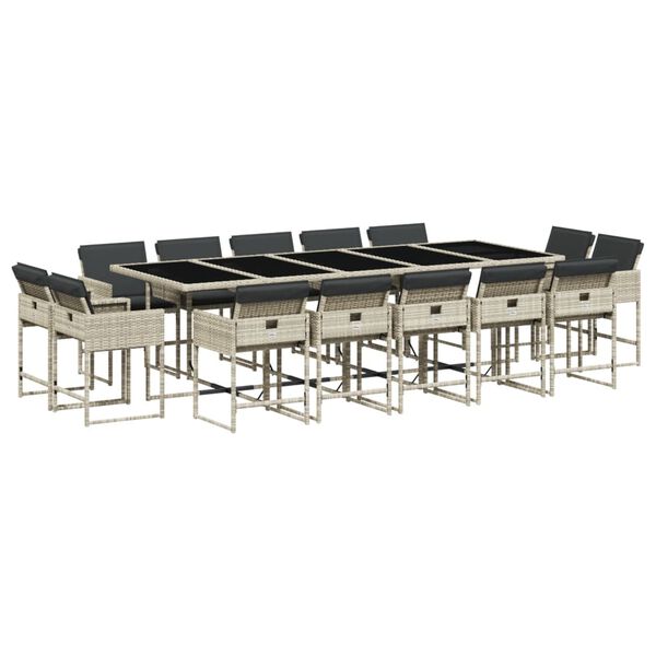 vidaXL 15 pcs conj. jantar jardim c/ almofad&otilde;es vime PE cinzento-claro