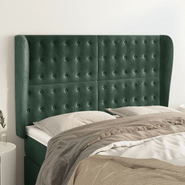 vidaXL Cabeceira cama c/ abas veludo 147x23x118/128 cm verde-escuro