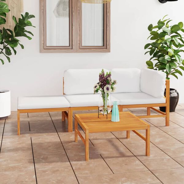 vidaXL 4 pcs conj. lounge jardim c/ almofad&otilde;es cor creme teca maci&ccedil;a