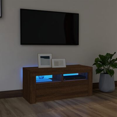 vidaXL Móvel de TV com luzes LED 90x35x40 cm carvalho castanho