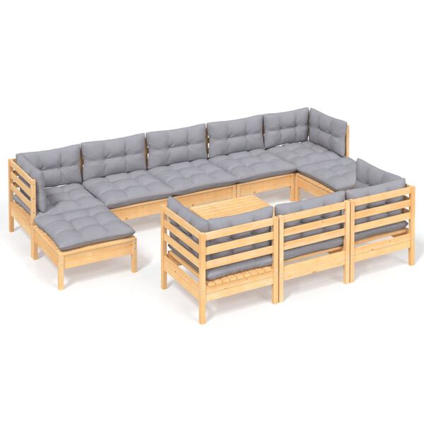 vidaXL 11pcs conjunto lounge de jardim + almofad&otilde;es cinza pinho maci&ccedil;o
