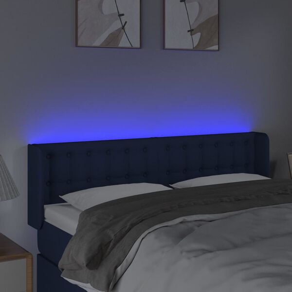 vidaXL Cabeceira de cama c/ luzes LED tecido 147x16x78/88 cm azul