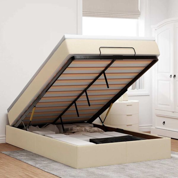 vidaXL Estrutura de cama otomana com colch&atilde;o 120x190 cm tecido creme