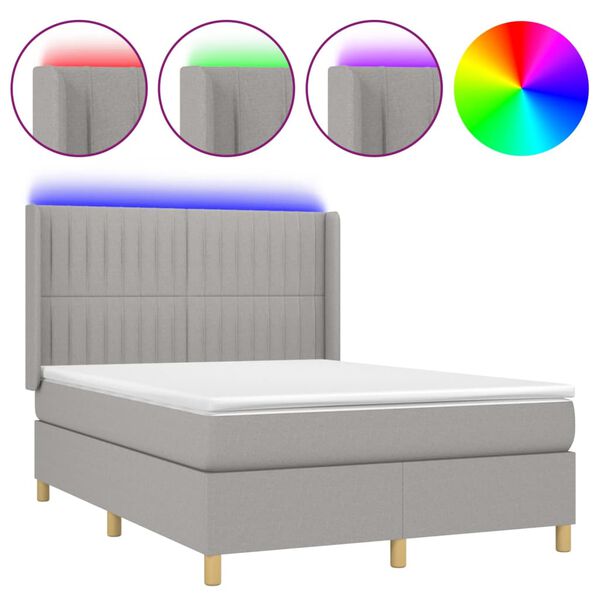 vidaXL Cama box spring c/ colch&atilde;o e LED 140x200 cm tecido cinza-claro