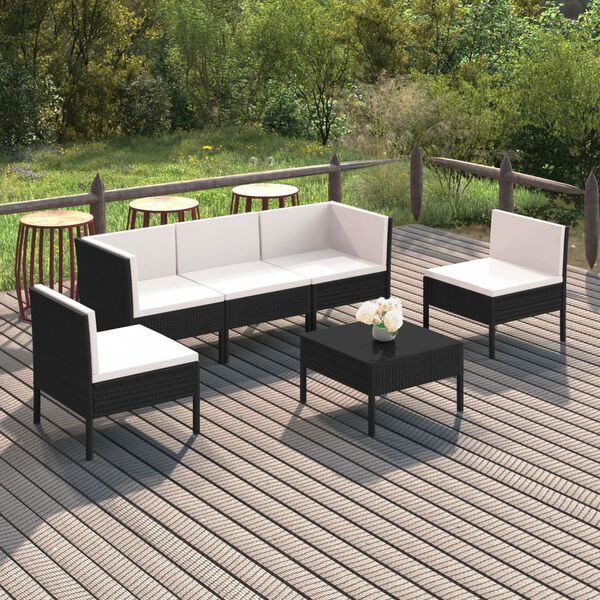 vidaXL 6 pcs conjunto lounge de jardim c/ almofadões vime PE preto