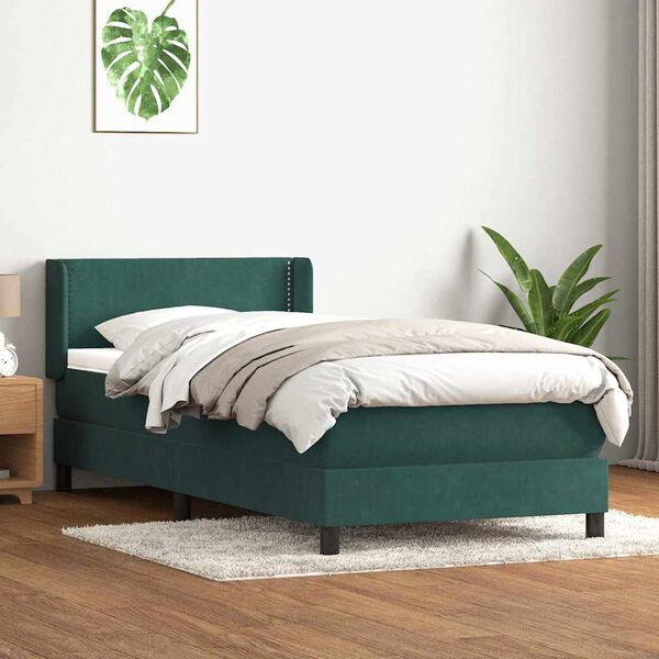 vidaXL Cama com molas/colch&atilde;o 90x220 cm veludo verde-escuro