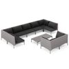vidaXL 10 pcs conj. lounge jardim c/ almofad&otilde;es vime PE cinza-escuro