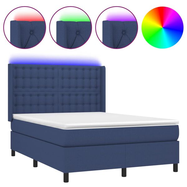 vidaXL Cama box spring c/ colch&atilde;o e LED 140x190 cm tecido azul