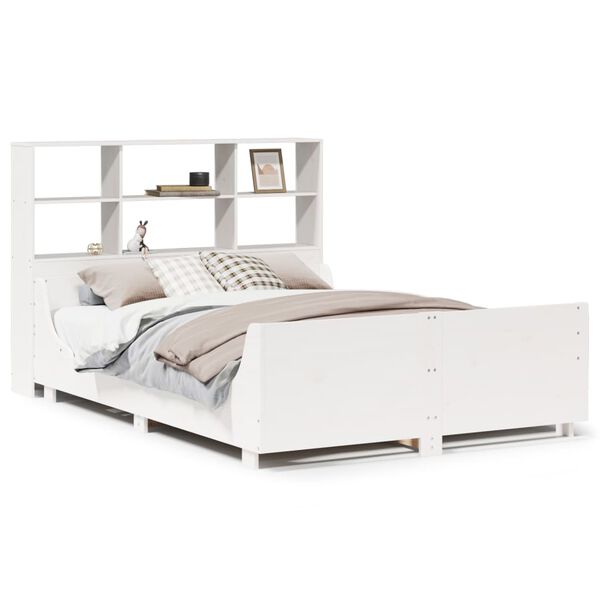 vidaXL Cama com estante sem colch&atilde;o 120x200 cm madeira maci&ccedil;a branco