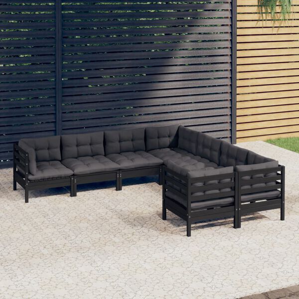 vidaXL 8 pcs conjunto lounge jardim c/ almofadões pinho maciço preto