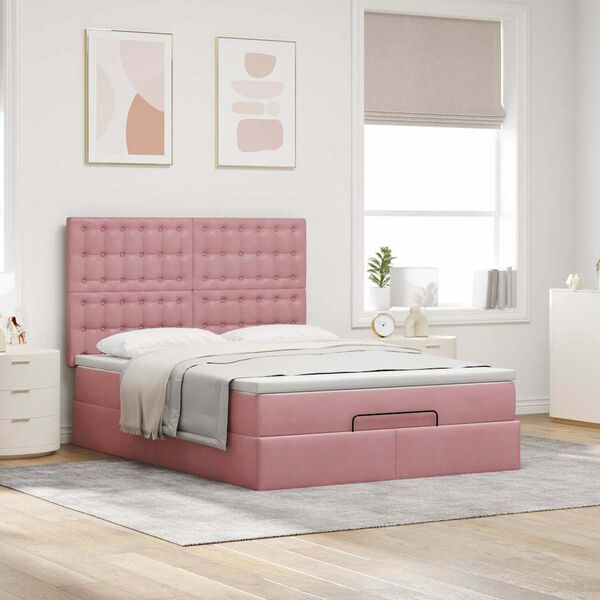 vidaXL Estrutura de cama otomana com colch&otilde;es 140x190 cm veludo rosa
