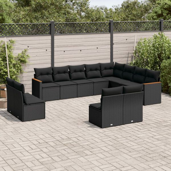 vidaXL 12 pcs conjunto de sof&aacute;s de jardim c/ almofad&otilde;es vime PE preto