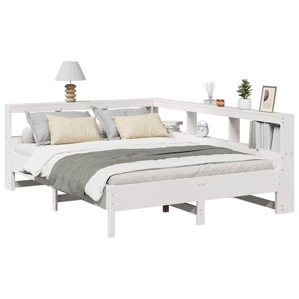 vidaXL Cama com estante sem colch&atilde;o 135x190 cm pinho maci&ccedil;o branco