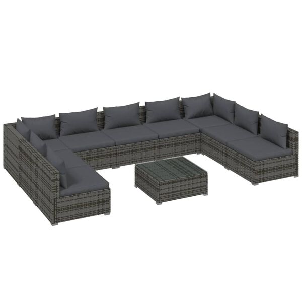 vidaXL 10 pcs conjunto lounge de jardim c/ almofad&otilde;es vime PE cinzento